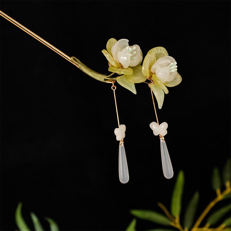 髪飾り レディース 和風 新中華風 クラシック 花 フラワー かんざし 簪 ガラス 琉璃 民族風 エスニック 馬面スカート 漢服 まとめ髪 アップヘア