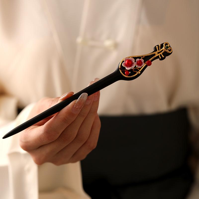 髪飾り 檀木 黒檀 木製 簪 古風 新中華風 個性的デザイン 手作り まとめ髪 夜会巻き 日常使い チャイナドレス 馬面スカート