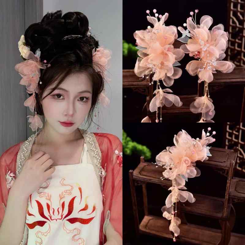髪飾り 漢服 和風 絹紗 花 フラワー ヘアクリップ 簪 ハンドメイド ピンク 立体花 仙女風 優雅 かわい..