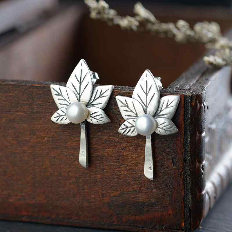 ピアス レディース 純銀製 シルバー925 楓 リーフ パール レトロ ヴィンテージ 個性的 エスニック 上品 プレゼント デイリーユース スタッド