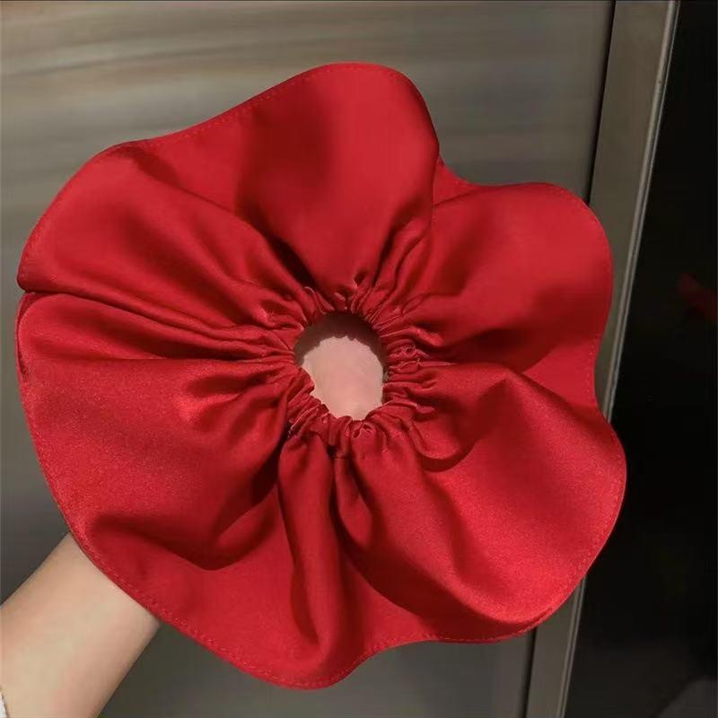 シュシュ レディース 韓国風 シンプル 超ビッグ サテン レッド 布地 ギャザー ローポニー お団子ヘア まとめ髪 高弾力 ヘアゴム ヘアアクセサリー デイリー 普段使い オフィス カジュアル 春夏