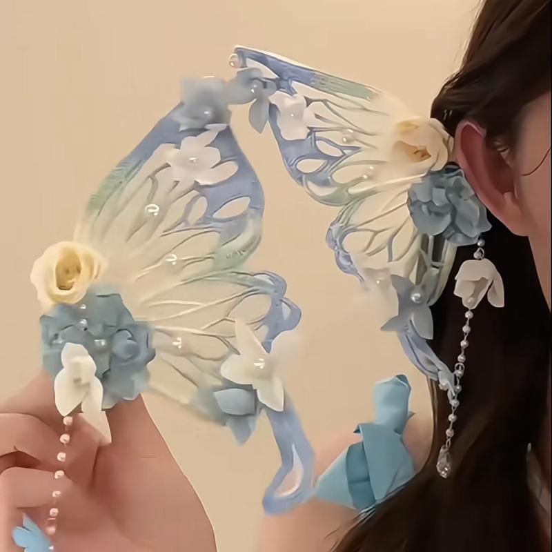 髪飾り レディース 古風 和風 チャイナ風 絹花 シルクフラワー 蝶 バタフライ 花 フラワー タッセル ダックビルクリップ ヘアクリップ 髪留め ハンドメイド 漢服 着物 浴衣 成人式 卒業式 結婚式 春夏