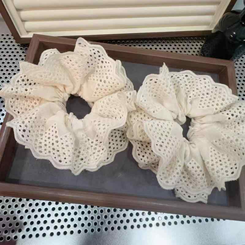 シュシュ レディース 韓国風 ベージュ 透かし編み ダブルフリルレース 布製 おだんごヘア ハイポニーテール 春夏 髪飾り