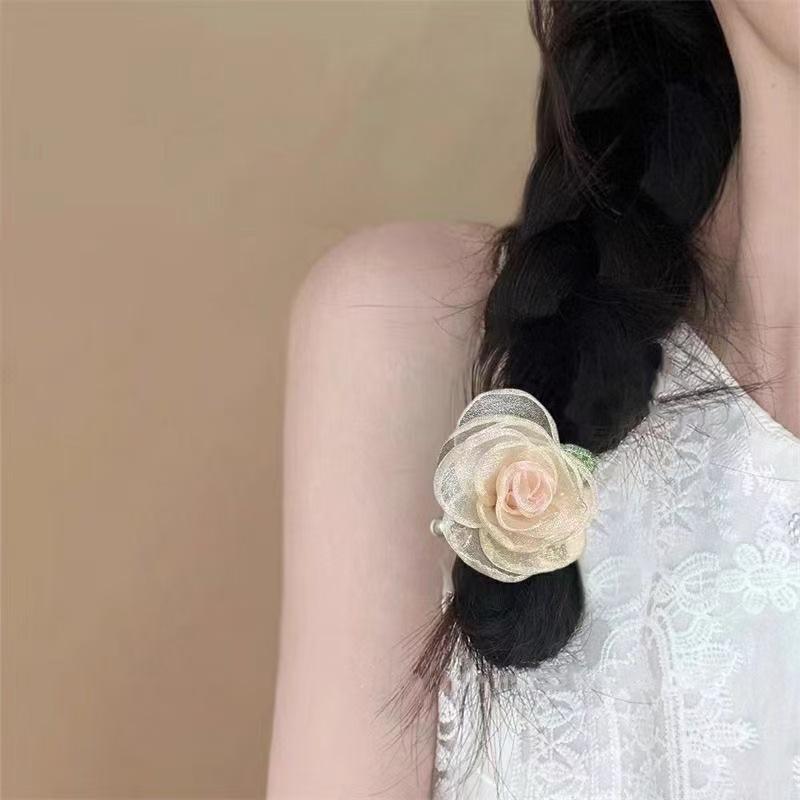 ヘアアクセサリー レディース 女性用 チュール メッシュ ローズフラワー バラの髪飾り シュシュ ヘアゴ..