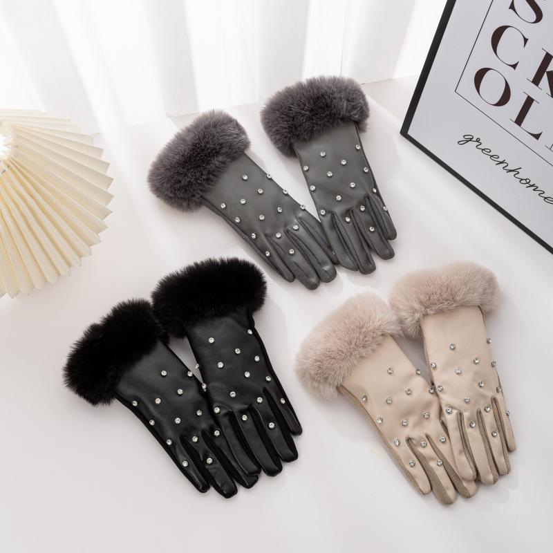手袋 レディース 女性用 5本指 フルタッチスクリーン スマホ対応 フェイクレザー ラインストーン うさ..