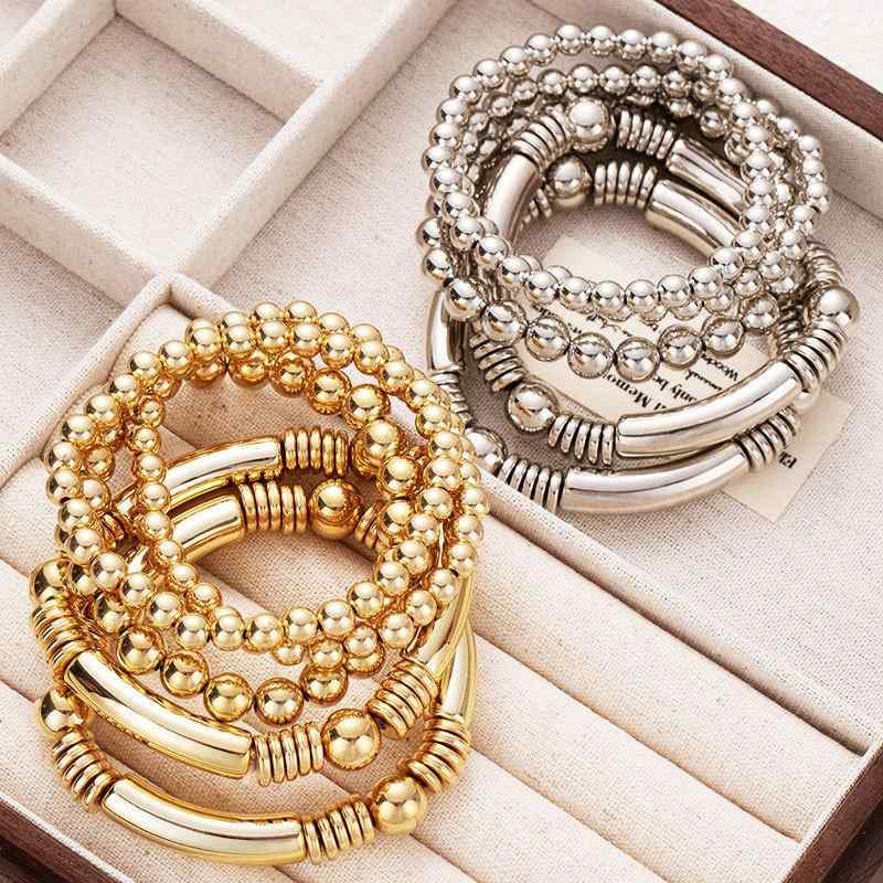 ブレスレット レディース 女性用 シンプル 軽やか 高級感 欧米風 ビーズ製 樹脂製 多層 セット 個性的 万能 普段使い 甘辛ミックス スウィートクール 重ね付け バングル シルバー ゴールド 春夏