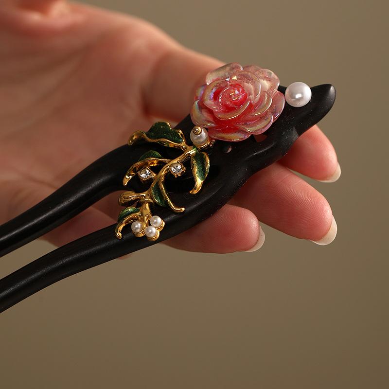 髪飾り レディース かんざし 黒檀 木製 花 フラワー 和風 古風 中華風 揺れる ヘアアクセサリー まとめ髪 アップヘア 和装 着物 浴衣 成人式 卒業式 U字スティック