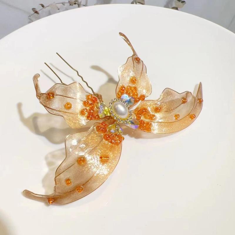 レディース 髪飾り 蝶 バタフライ U字簪 Uピンかんざし 液体花 フラワーモチーフ 漢服 明代風 古風 レ..