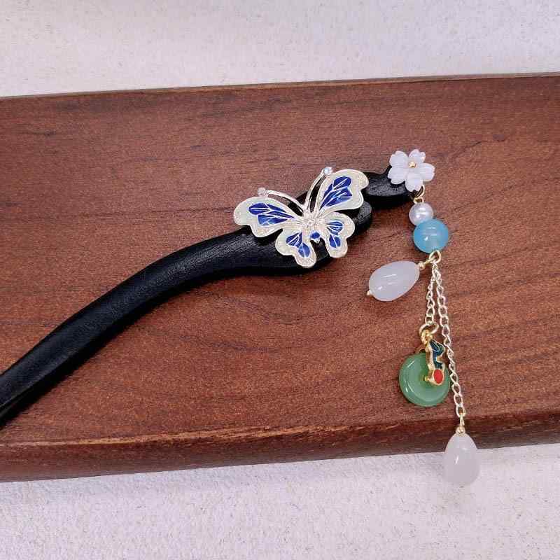 簪 かんざし ヘアアクセサリー 木製 高級感 エレガント レジン蝶モチーフ タッセル 歩揺簪 古風 新中式 中国風 漢服用 和装 浴衣 着物 成人式 卒業式 結婚式 パーティー まとめ髪 アップスタイル