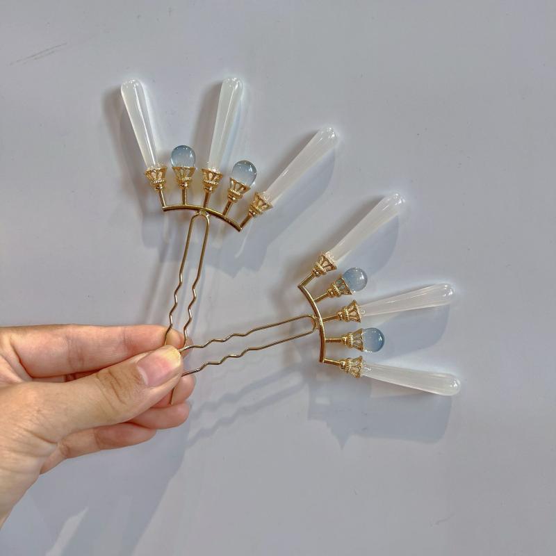 髪飾り U字かんざし ヘアピン 明代風 宮廷風 古典 レトロ エレガント 花モチーフ ハンドメイド ガラス 瑠璃製 和装小物 着物 浴衣 成人式 卒業式 七五三 高級感