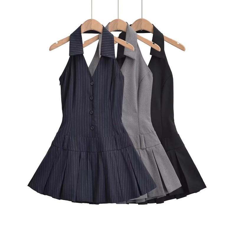ワンピース レディース ホルターネック Vネック ストライプ Aライン フレア プリーツ ローウエスト ミニ丈 バックオープン 背中見せ スリムフィット 細身 スタイルアップ 着痩せ効果 アメリカンカジュアル レトロ セクシー コットンブレンド 春夏 ド