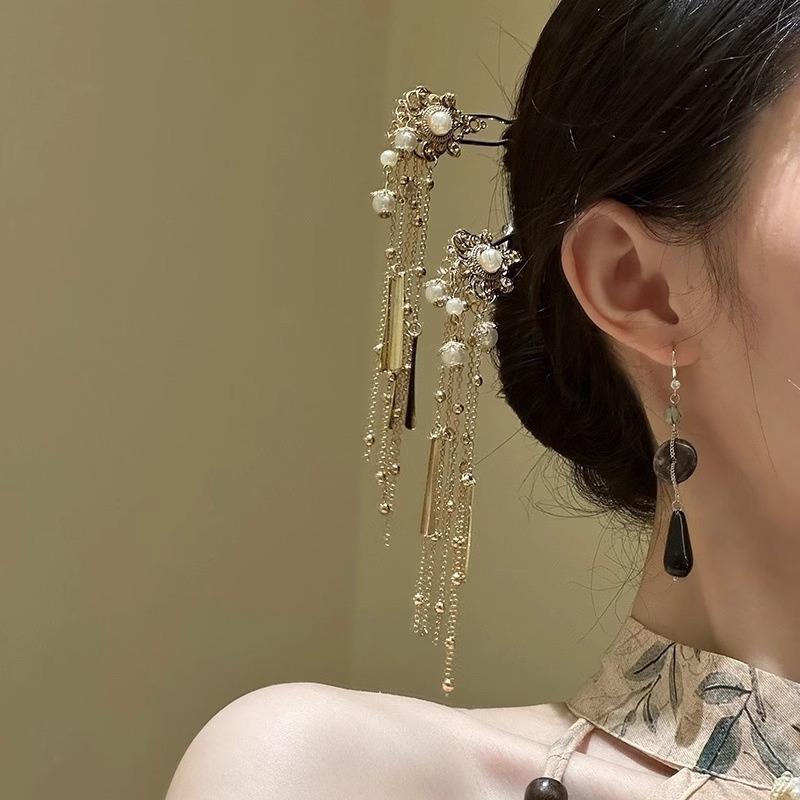簪 女性用 新中式 エスニック パール ゴールドカラー タッセル 揺れる U字かんざし 髪飾り 和装小物 上品 エレガント 成人式 卒業式 結婚式 浴衣 着物 パーティー ヘッドアクセサリー