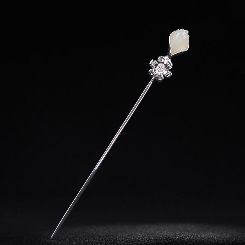 髪飾り レディース 女性用 手作り 純銀 和田玉 木蓮 レトロ クラシカル アンティーク調 宮廷風 シンプル かんざし 漢服 和装 着物 浴衣 結婚式 アップスタイル まとめ髪 ヘアアクセサリー 高級感