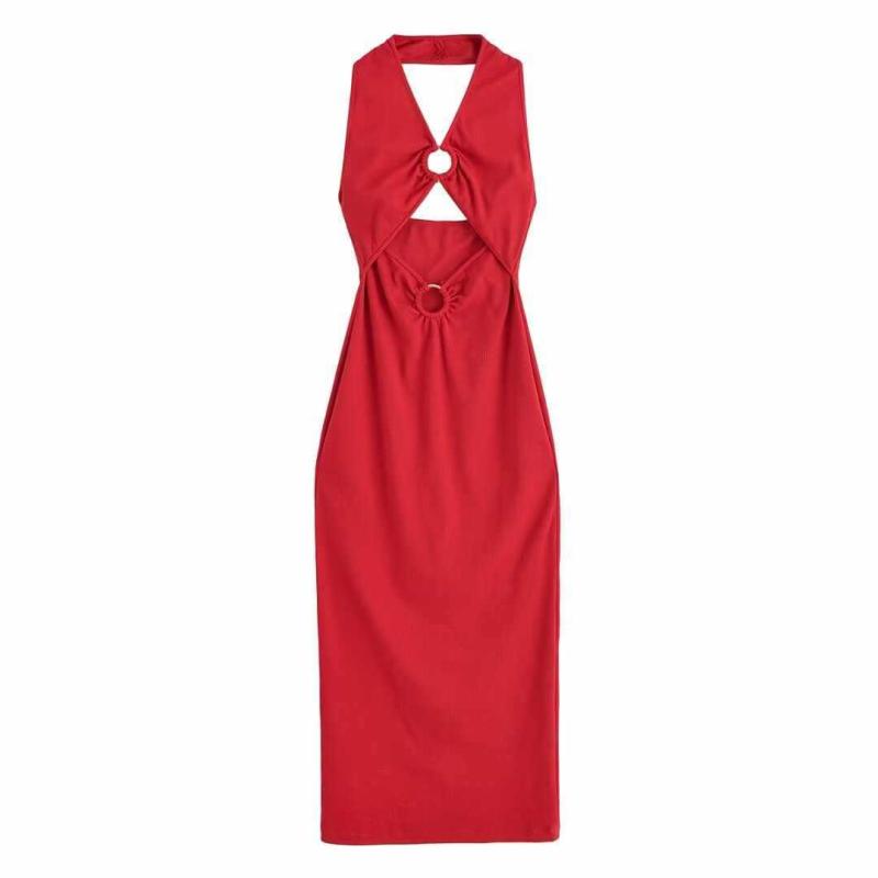 ワンピース レディース 春夏 欧米カジュアル デイリー ホルターネック 背中開き カットアウト プリーツ ミモレ丈 ノースリーブ ローウエスト ポリエステル 切り替え