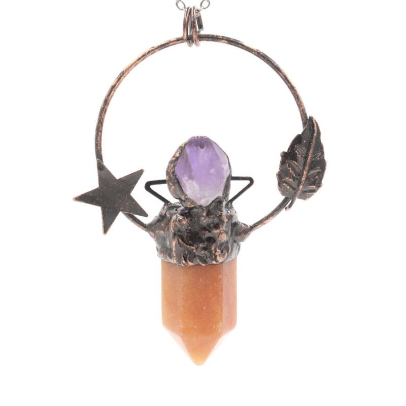 ペンダント レディース 六角柱 クリスタル 天然石 パワーストーン メタル 星 葉 モチーフ レトロ風 オフィス カジュアル 通勤 エレガント きれいめ 幾何学