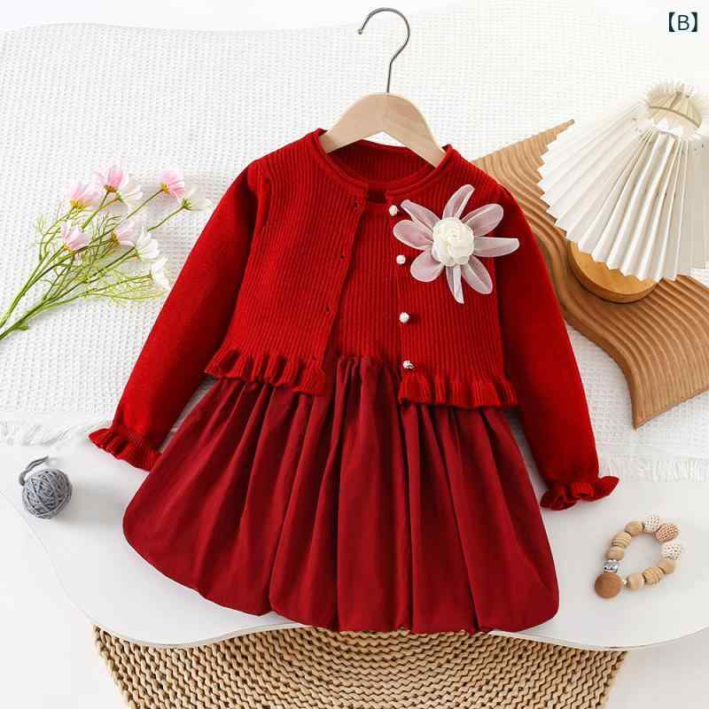 ワンピース キッズ 女の子 ベビー服 ニットカーディガン 2点セット 秋冬 長袖 花柄...