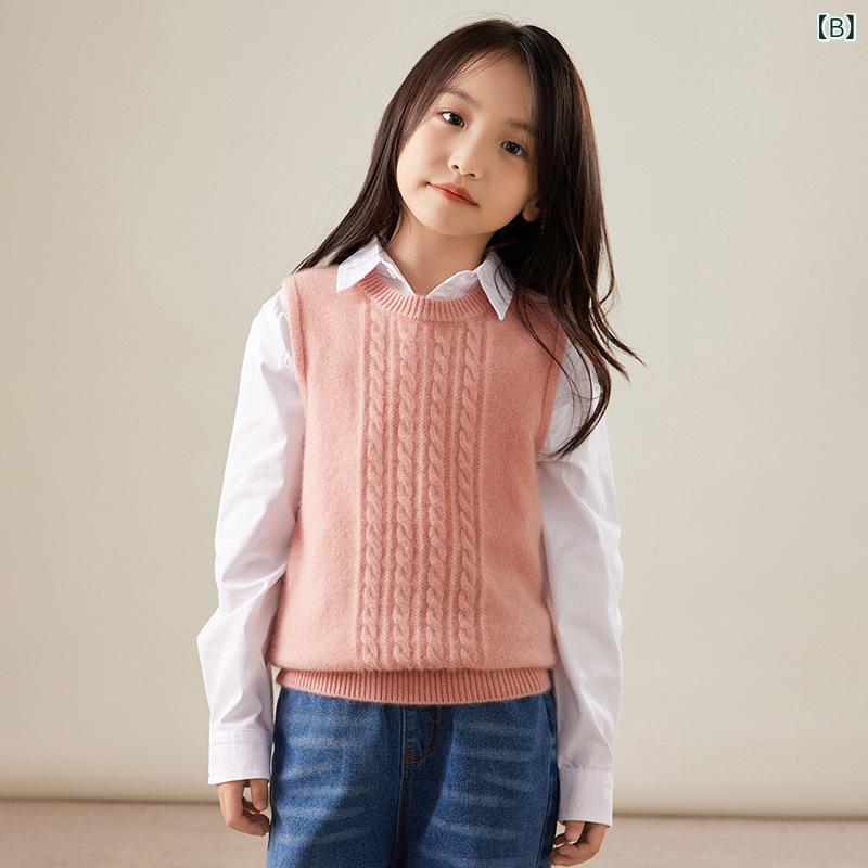 ニットベスト キッズ 男女兼用 子供服 ジュニア 秋冬 ウール 100% 純毛 保温 厚手 ...