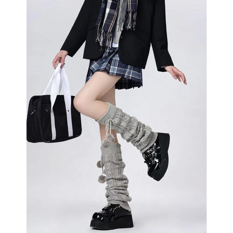 レッグウォーマー レディース 毛玉付き ケーブル編み アクリル 秋冬 防寒 保温 日系 JK風 ロリータ風 ..