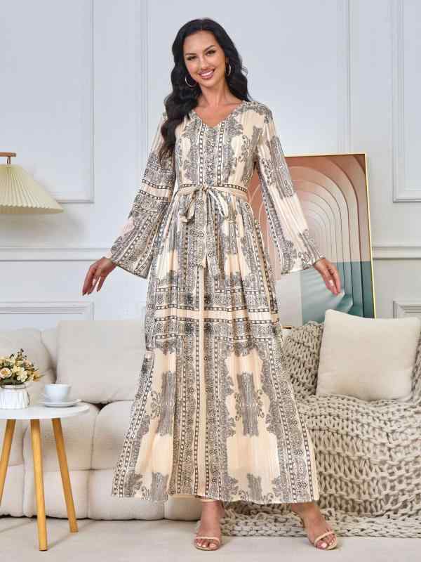 ワンピース レディース エスニック アラビア風 中東 プリント 花柄 アバヤ ロング丈 マキシ丈 ポリエステル 上品 エレガント 長袖 リゾート カジュアル 春夏