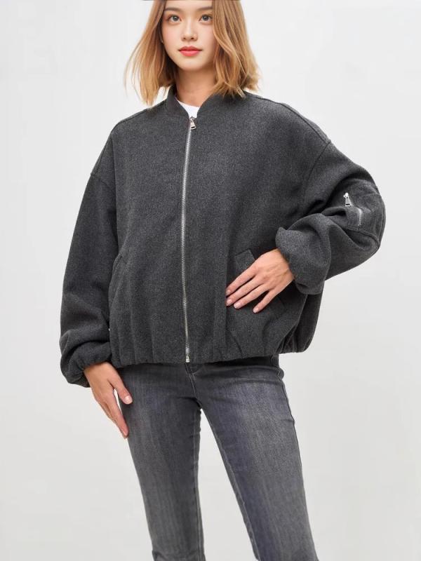 ジャケット アウター レディース 秋冬 欧米風 ワーク ストリートカジュアル スタンドカラー ゆったり ルーズフィット 長袖 フルジップ ポケット付き ミドル丈 ポリエステル混 ウールライク ダークグレー
