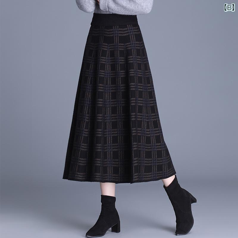 スカート レディース 格子柄 チェック柄 Aライン フレア ニット 毛混紡 ミディ丈 ミモレ丈 ウエストゴム ストレッチ ヒップカバー 体型カバー きれいめ 通勤 オフィス カジュアル 韓国風 秋冬 way-ugo-10573914 way-ugo サンプル画像3