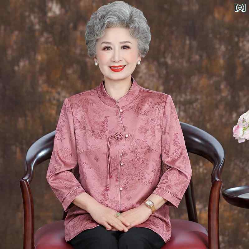 ブラウス レディース シニア ミセス 60代 母親 祖母 夏 中国風 チャイナ風 唐装 トップス サテン風 ポリエステル 軽量 ゆったり 半袖 セットアップ対応 way-ugo-10694865 way-ugo サンプル画像2