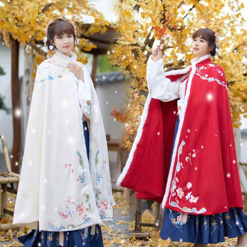 ポンチョ 女性用 漢服 伝統衣装 中国風 オリジナル 刺繡 裏起毛 厚手 秋冬 ショール マント ケープ ウール混 起毛素材 ホワイト レッド