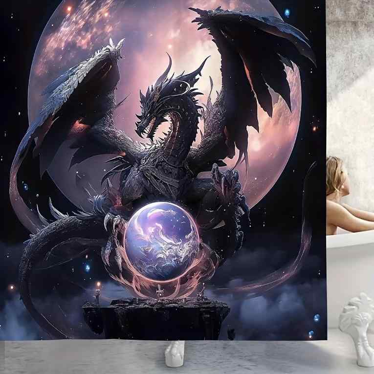 シャワーカーテン ファンタジー ドラゴン 球体 幻想的 鮮やか ポリエステル製 防水 防カビ 目隠し 間仕切り お風呂用品 バスルーム装飾 モダンインテリア