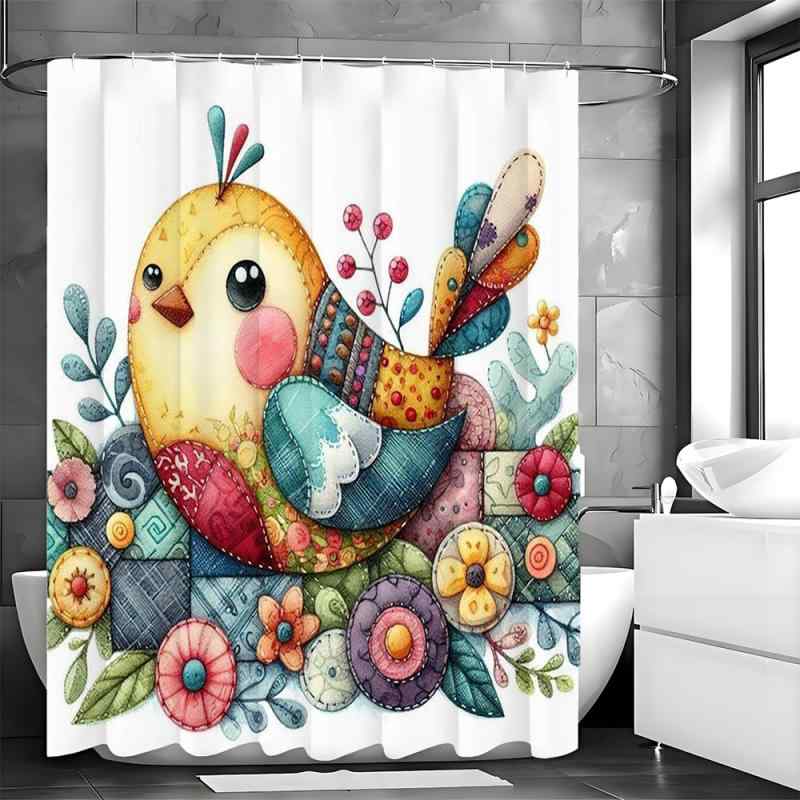 シャワーカーテン バスカーテン カラフル 刺繍 かわいい 鳥 デザイン ポリエステル 防水 防カビ 目隠し バスルーム お風呂 モダン シンプル おしゃれ インテリア