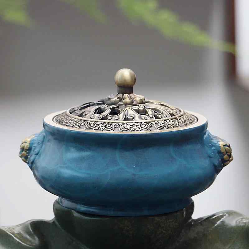 香炉 大型 双獅子耳 彩色銅製 室内用 中国風 伝統 オリエンタル 白檀 渦巻き線香 インセンスシール お..