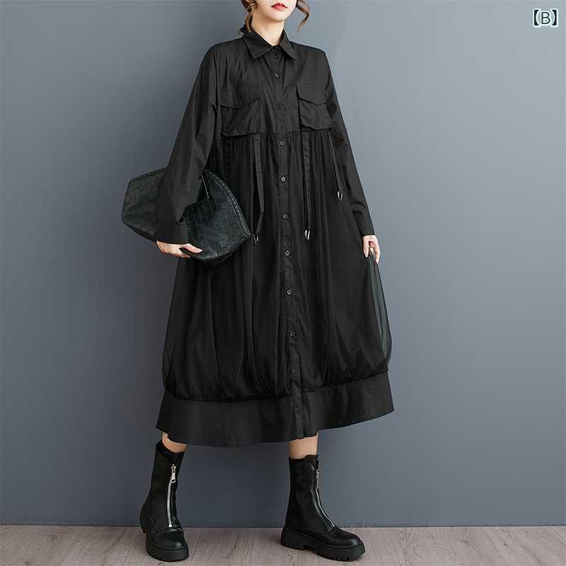 シャツワンピース レディース 春夏 韓国風 ゆったり 大きいサイズ 切り替え 長袖 Aライン ミモレ丈 リボンデザイン コットンポリエステル素材 上品 エレガント レトロ カジュアル きれいめ 通勤 オフィス 普段使い 白 黒