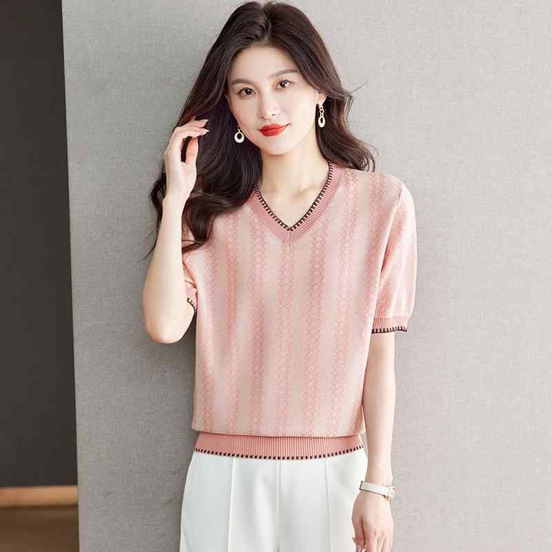 Three-Quarter Knit - ニットTシャツ レディース Vネック 半袖 再生繊維 シルクブレンド 薄手 スリムフィット シンプル 高級感 上品 きれいめ 通勤 オフィス カジュアル 着回し 春夏