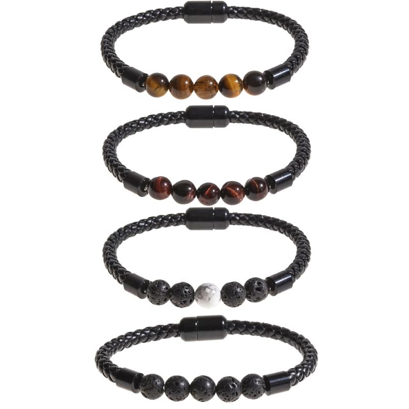 ブレスレット メンズ 男性用 腕輪 タイガーアイ 虎目石 火山岩 溶岩石 ビーズ 数珠 レザーコード 革紐 マグネットクラスプ 磁石留め具 幾何学模様 カジュアル 普段使い