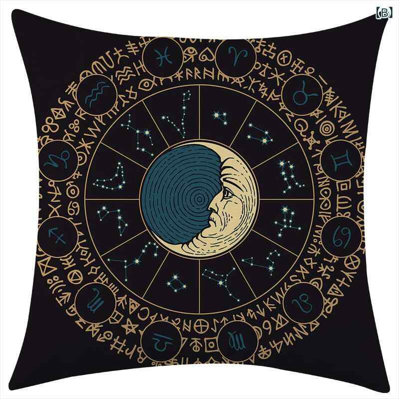 クッションカバー レトロ柄 星座柄 抱き枕 家庭用 ソファ ソファー リネン 麻 枕カバー 45x45cm 正方形 モダン シンプル リビング 応接間 寝室 [3]