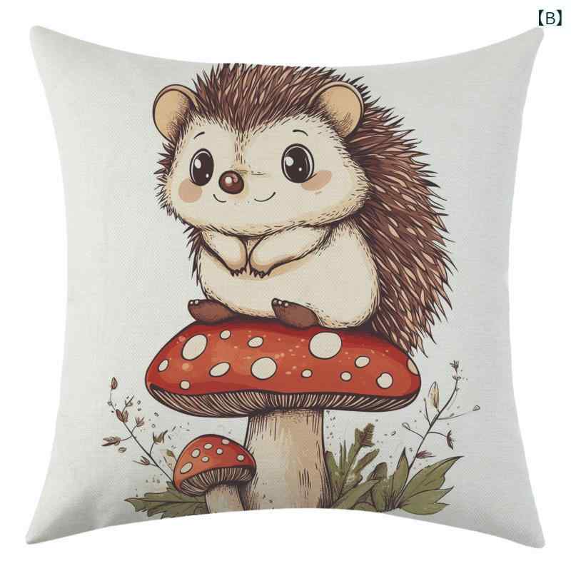 クッションカバー かわいい キノコ ハリネズミ カーアクセサリー リビング ソファ用 リネン 麻 45x45cm 正方形 おしゃれ モダン シンプル インテリア雑貨 模様替え ピローケース [3]