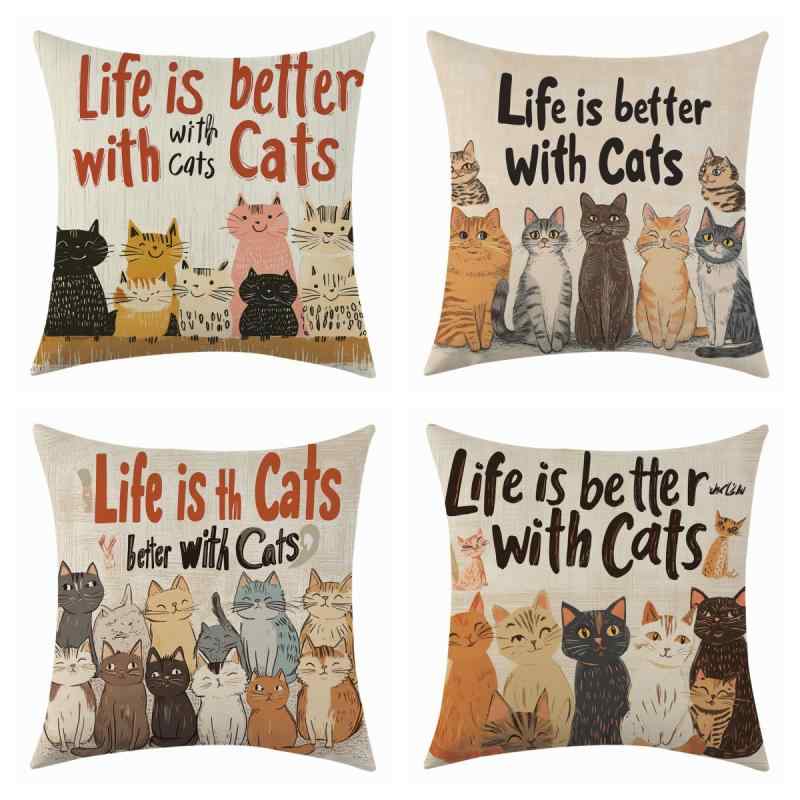Low Rebound Cushions - クッションカバー カートゥーン 猫 ファミリー 麻 リネン ソファ 出窓 抱き枕カバー インテリア 雑貨 かわいい カラフル 家庭用 自宅用 装飾