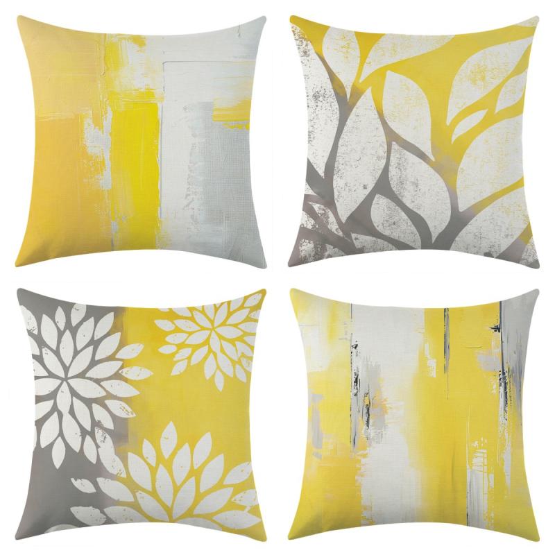 クッションカバー 新デザイン グレーイエロー系 ストライプ リーフ柄 葉っぱ模様 リネン 麻 スクエア 四角形 45cm角 ソファ リビング 車内 インテリア モダン シンプル おしゃれ
