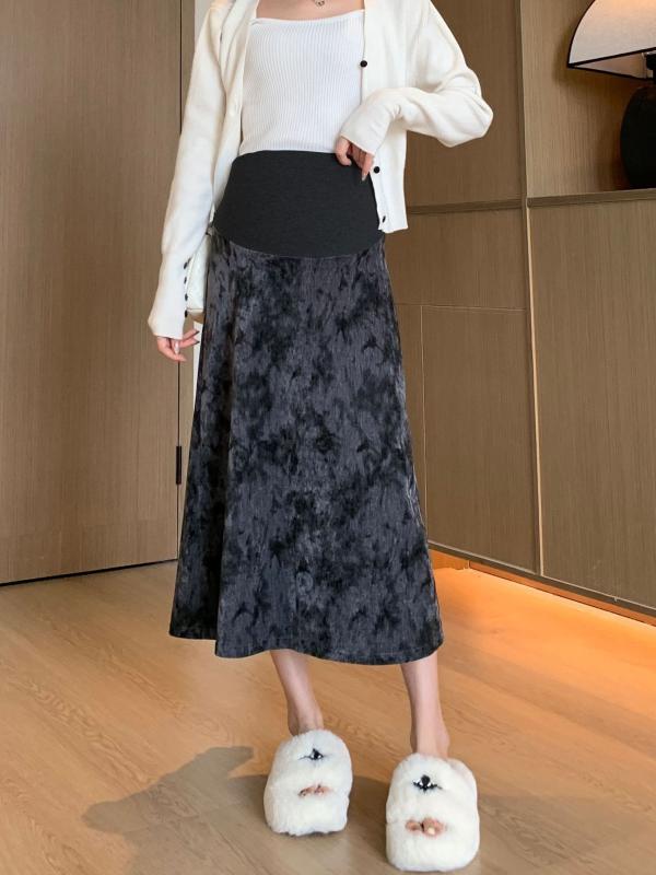 スカート マタニティ 妊婦 お腹サポート レトロ ヴィンテージ 花柄 フラワー ベロア ベルベット Aライン ミディ丈 フレア 体型カバー 裏起毛 水墨画風 グレー 春秋冬
