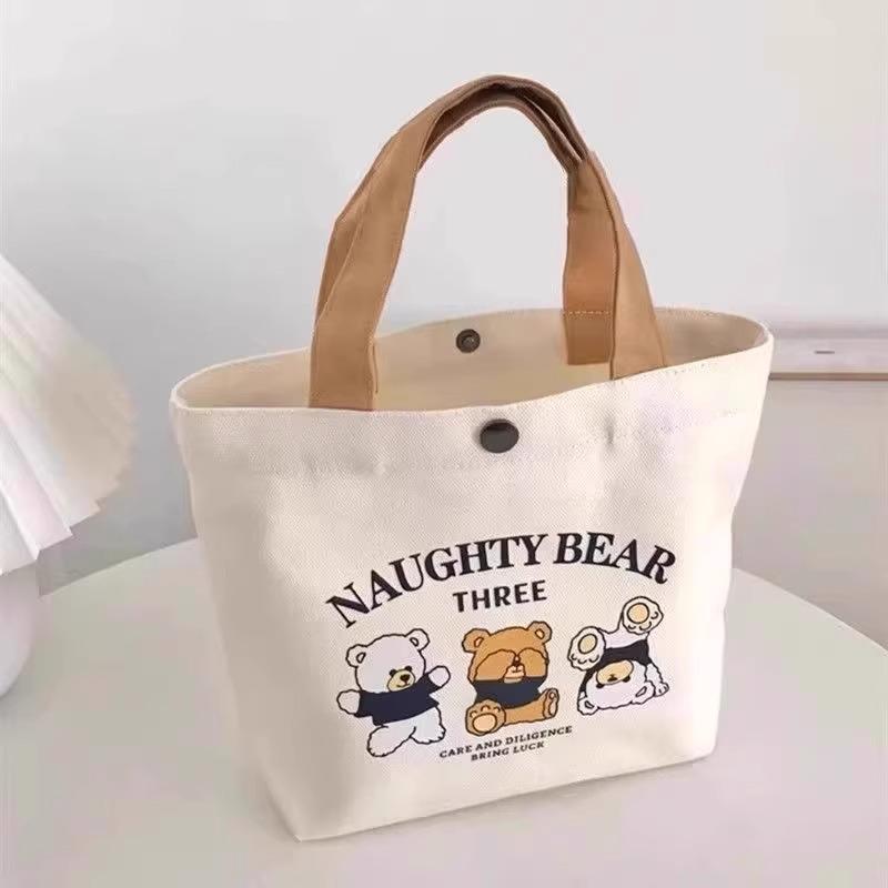 トートバッグ 学生用 クマ柄 キャンバス コットン シンプル 手提げ 鞄 ランチバッグ 万能 多機能 トラベル コスメ 文房具 小物入れ カジュアル
