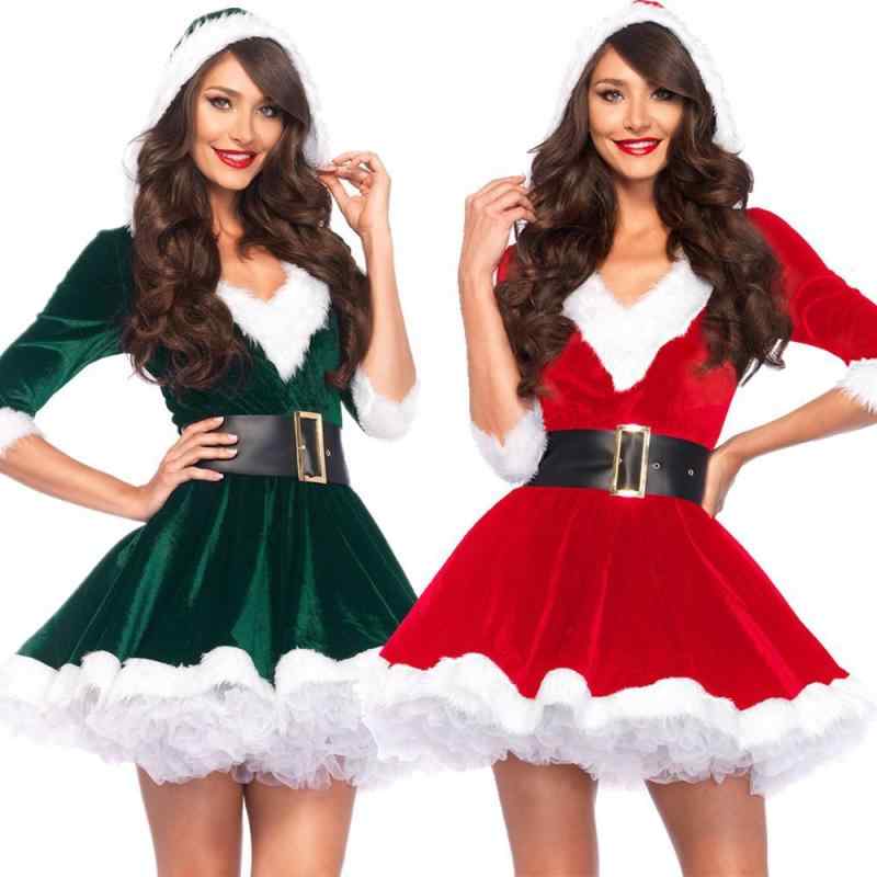ワンピース レディース クリスマス コスプレ パフォーマンス ステージ パーティー 衣装 ドレス ベルベット ポリエステル 赤 緑 フード パーカー ウエスト ベルト ペチコート