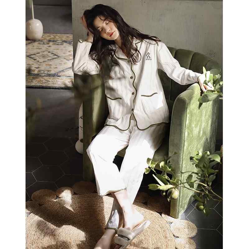 パジャマ レディース ルームウェア 部屋着 寝間着 純綿 コットン 長袖 長ズボン 襟付き 開襟 韓国風 かわいい 白 春秋冬 中厚手 ストレッチ 保温 快適 通気性 高級感
