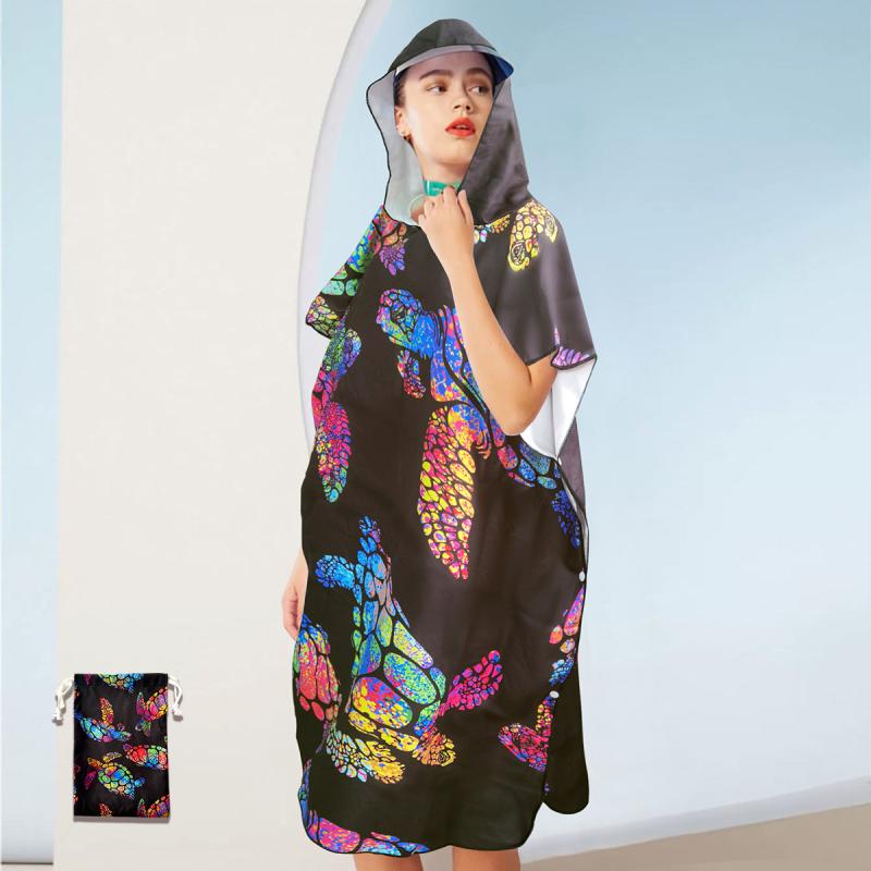 バスローブ ポンチョ 大人用 男女兼用 速乾 吸水 フード付き 両面フリース マイクロファイバー ビーチ プール マリンスポーツ スイミング 水着着替え お風呂上がり 旅行 レジャー 温泉 プリント ウミガメ柄