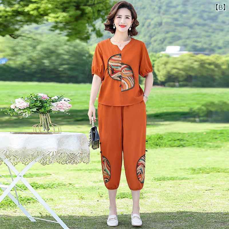 セットアップ レディース カジュアル 春夏 Tシャツ 半袖 リネン風 トップス ロング...