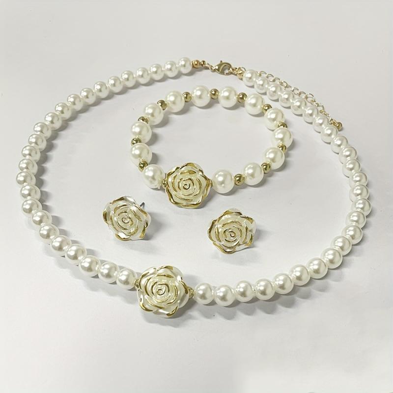 Women's Jewelry Set (3 Pieces): Necklace, Wristband, Earrings, Flower Motif, Resin Pearl, Delicate, Electroplated, Elegant Accessory for Commuting