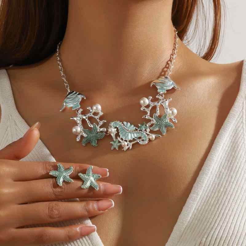 Ladies' Resort Style Jewelry Set: Starfish and Seashell Necklace and Earrings Set - Colorful, Electroplated, Elegant, Luxurious, Feminine Accessories