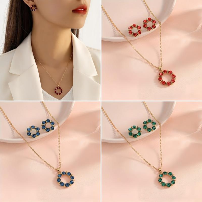 Ladies' jewelry set: necklace and earrings with floral motifs, circle design, gold electroplated finish, sparkling colored stones, elegant and sophisticated, perfect for commuting or as a gift.
