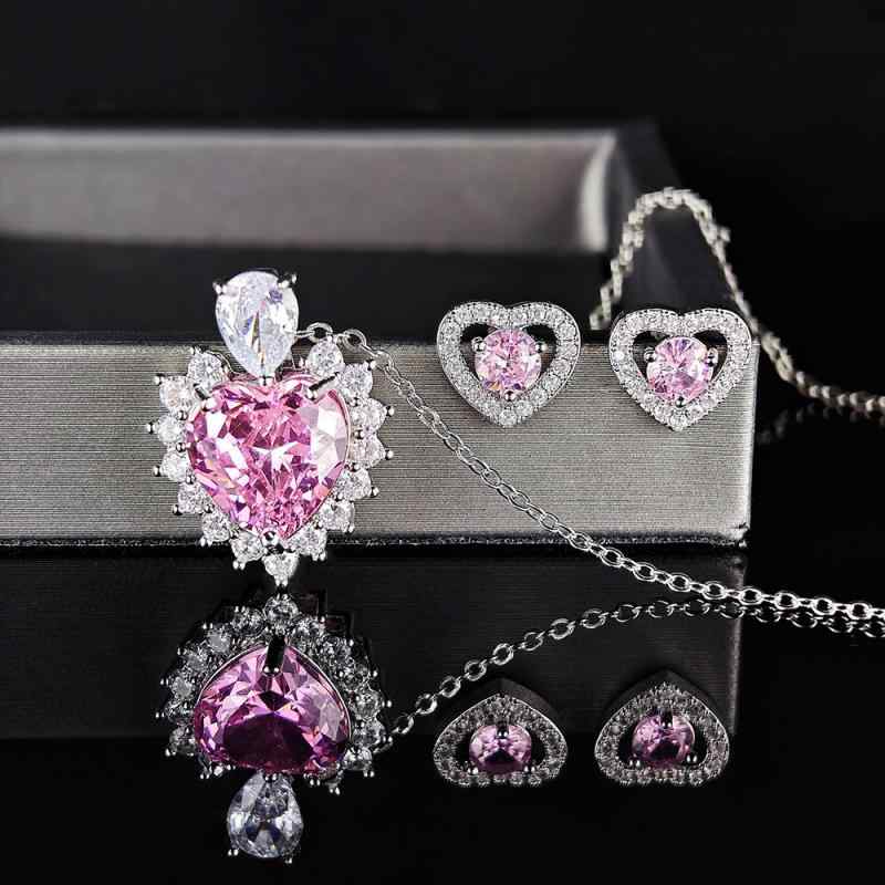 Women's Jewelry Set: Necklace and Earrings (2-piece set) - Pink Crystal Heart Motif, Electroplated, Elegant, Cute Chain Accessory