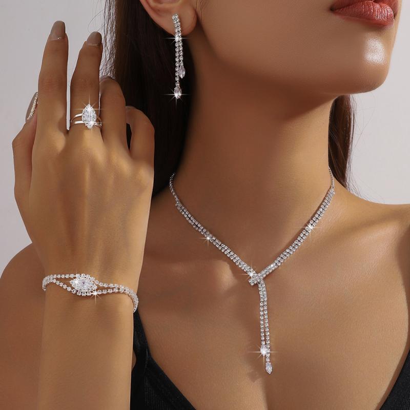 Women's Jewelry Set - Necklace, Earrings, Bracelet - 4 Pieces - Sparkling, Gorgeous, Electroplated - Perfect for Weddings, Parties, and Special Occasions - Elegant and Sophisticated - Gold and Silver
