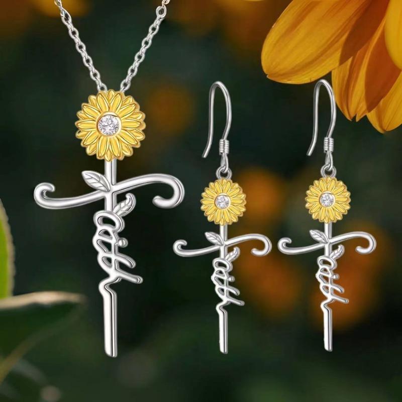 Women's Necklace and Earrings Set, Pendant, Sunflower, Alphabet, Cross Design, Alloy, Electroplated, Suitable for Commuting, Casual Wear, Gift, Accessories for Women