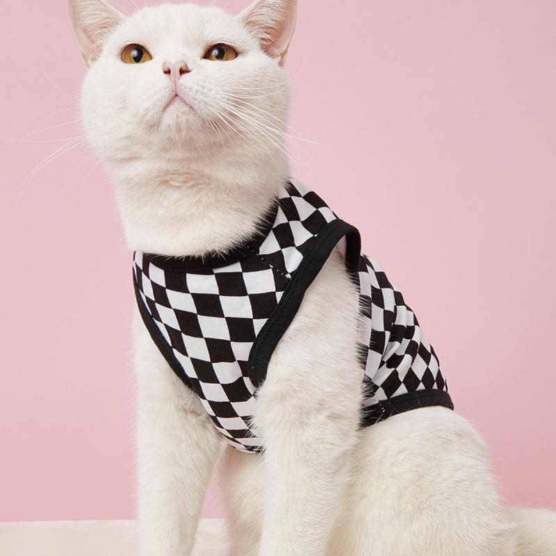 ペット服 猫 Tシャツ 通気性 綿 薄手 黒白 格子柄 キャミソール ノースリーブ トップス ベスト カジュアル
